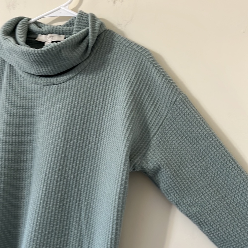 LOFT Waffle Knit Cowl Neck Blue Green Long Sleeve Sweater Size Small - Picture 3 of 7